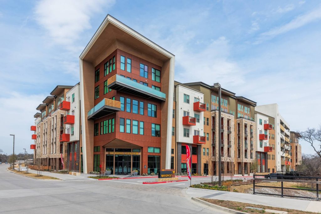 Exterior shot of community showing the unique angles and colors of the building